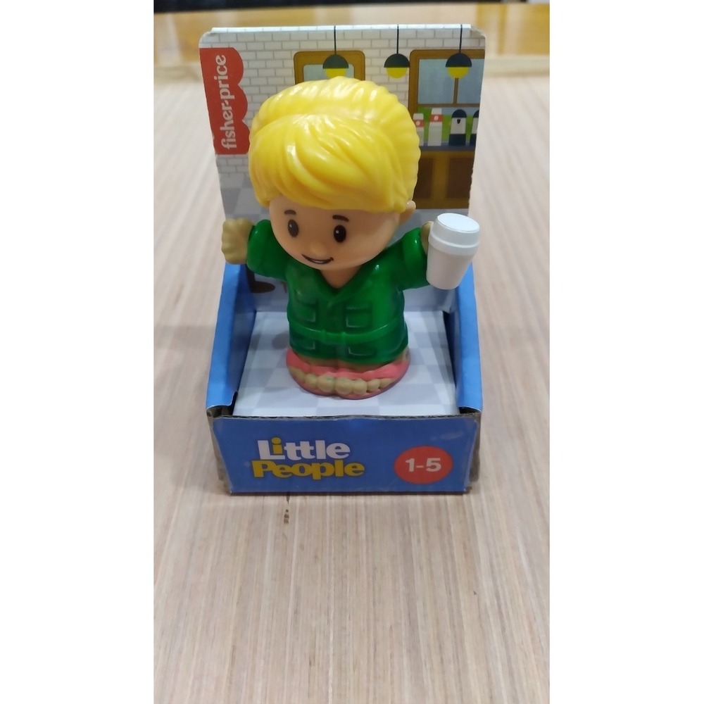 Fisher Price Little People Girl Blonde Ponytail Green Jumper Holding Coffee